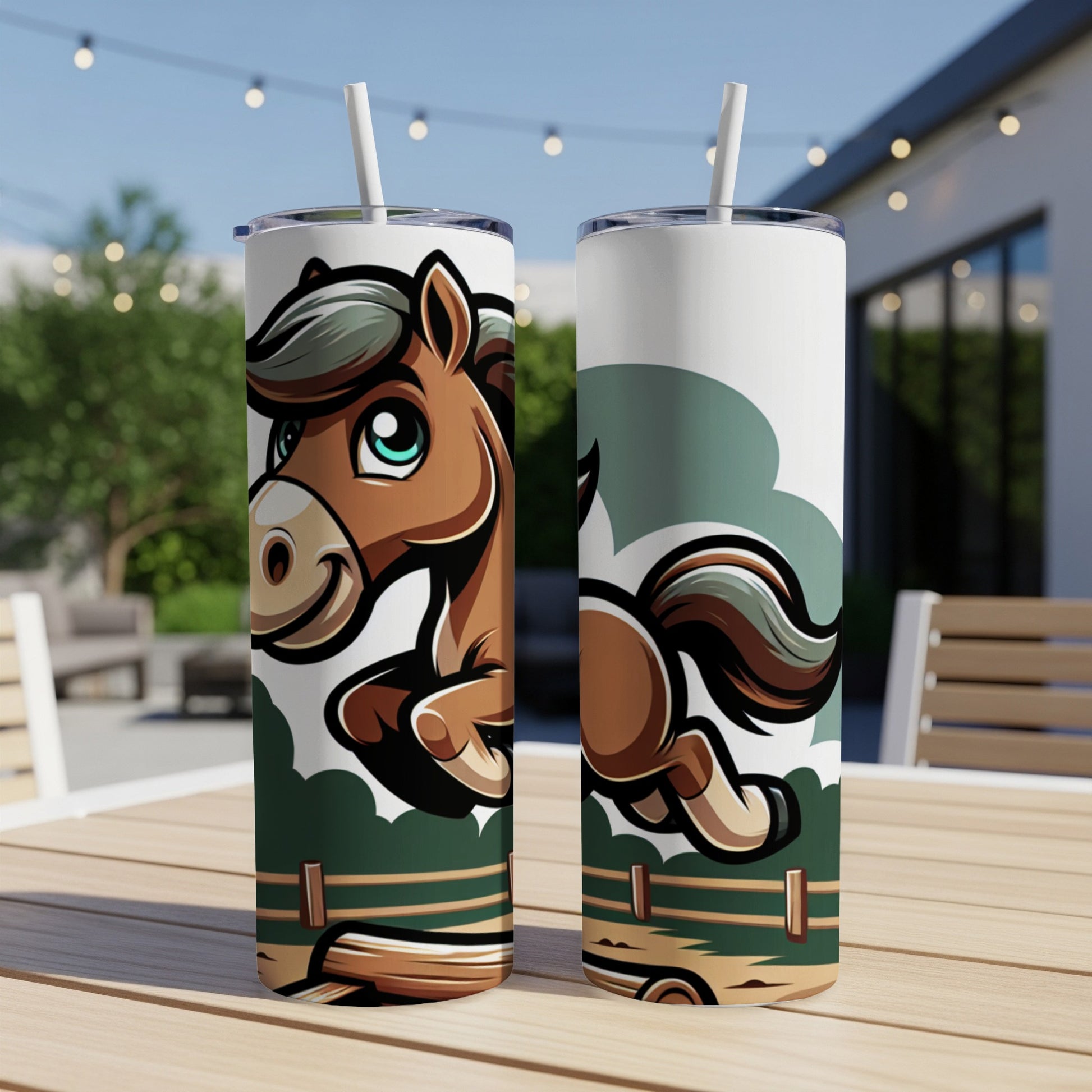 Cartoon horse jumping over a fence on a white tumbler.