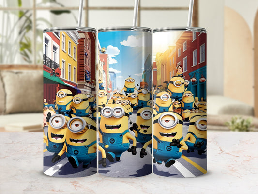 Minions running down a city street, with a sunny blue sky above.