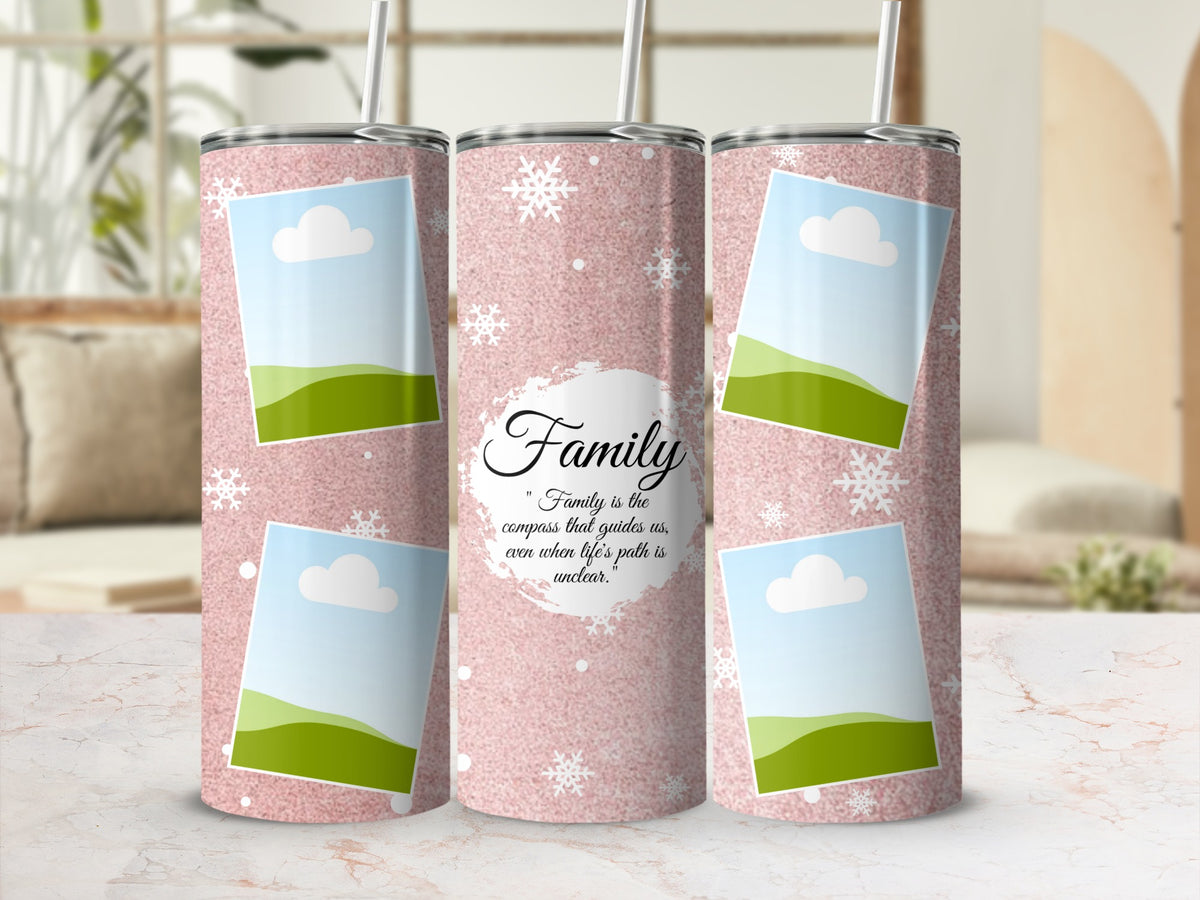 Pink glitter tumbler with snowflakes and framed landscape images, featuring the word "Family".