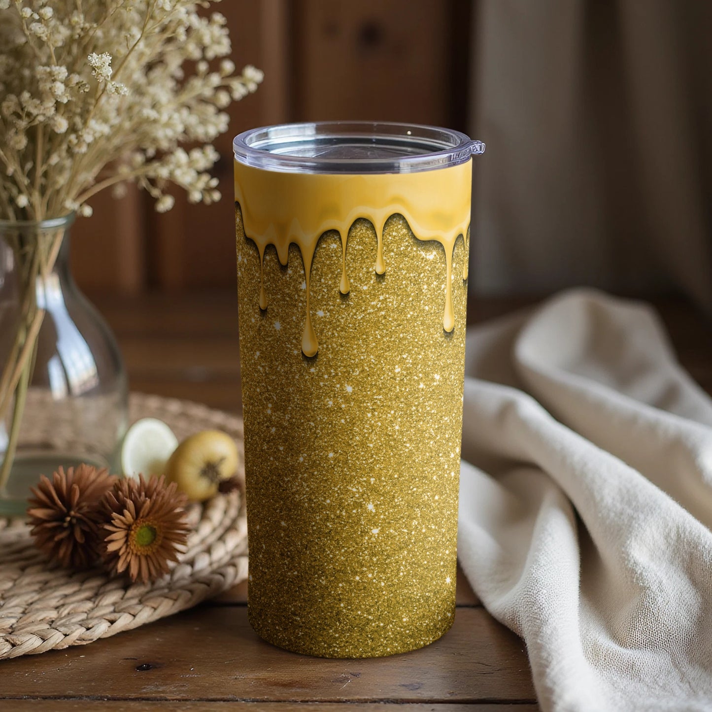 Stylish Gold Glitter Tumbler with Dripping Yellow Design