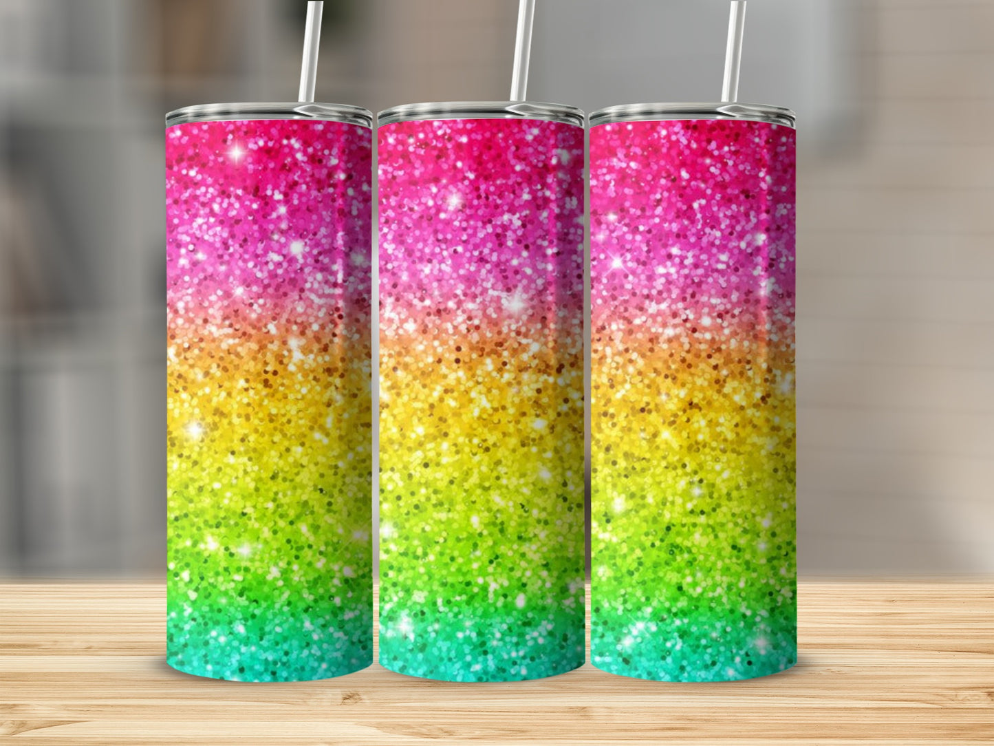 Rainbow Glitter Gradient Tumbler with Straw Pattern