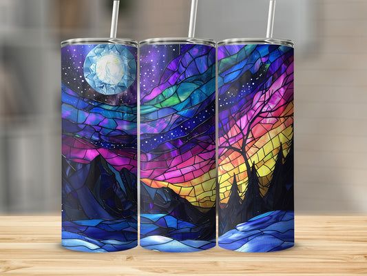 Three tumblers with stained glass art of a moonlit night sky over mountains.