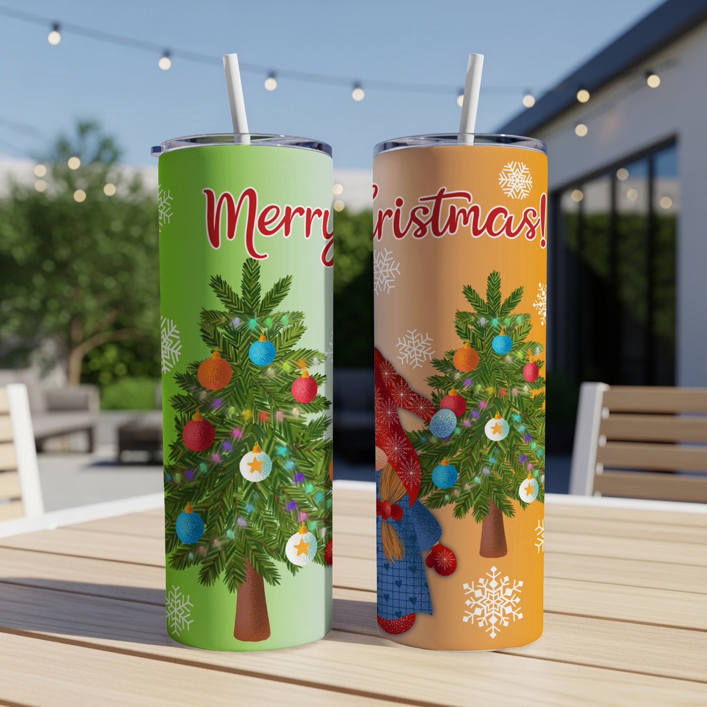 Two Christmas-themed tumblers, one green and one orange, with trees and text.