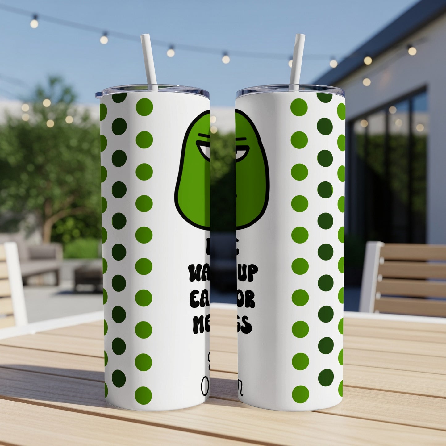 Green alien character with polka dots and text "WAKE UP EAT OR SLEEP".