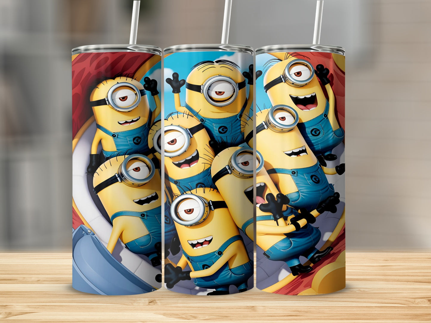 Minions in blue overalls, crowded together with arms raised.