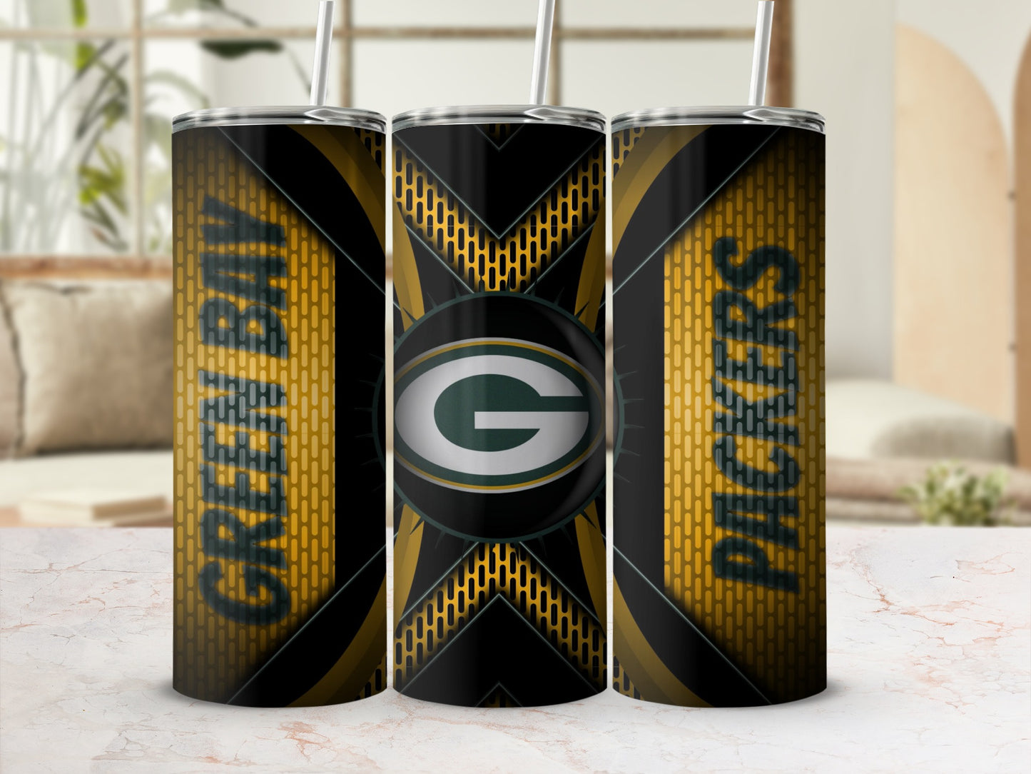 Green Bay Packers Logo on Abstract Yellow Grid Tumblers