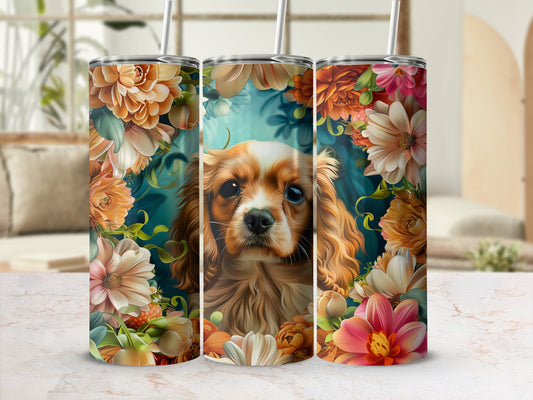 Cavalier King Charles Spaniel surrounded by a floral wreath.