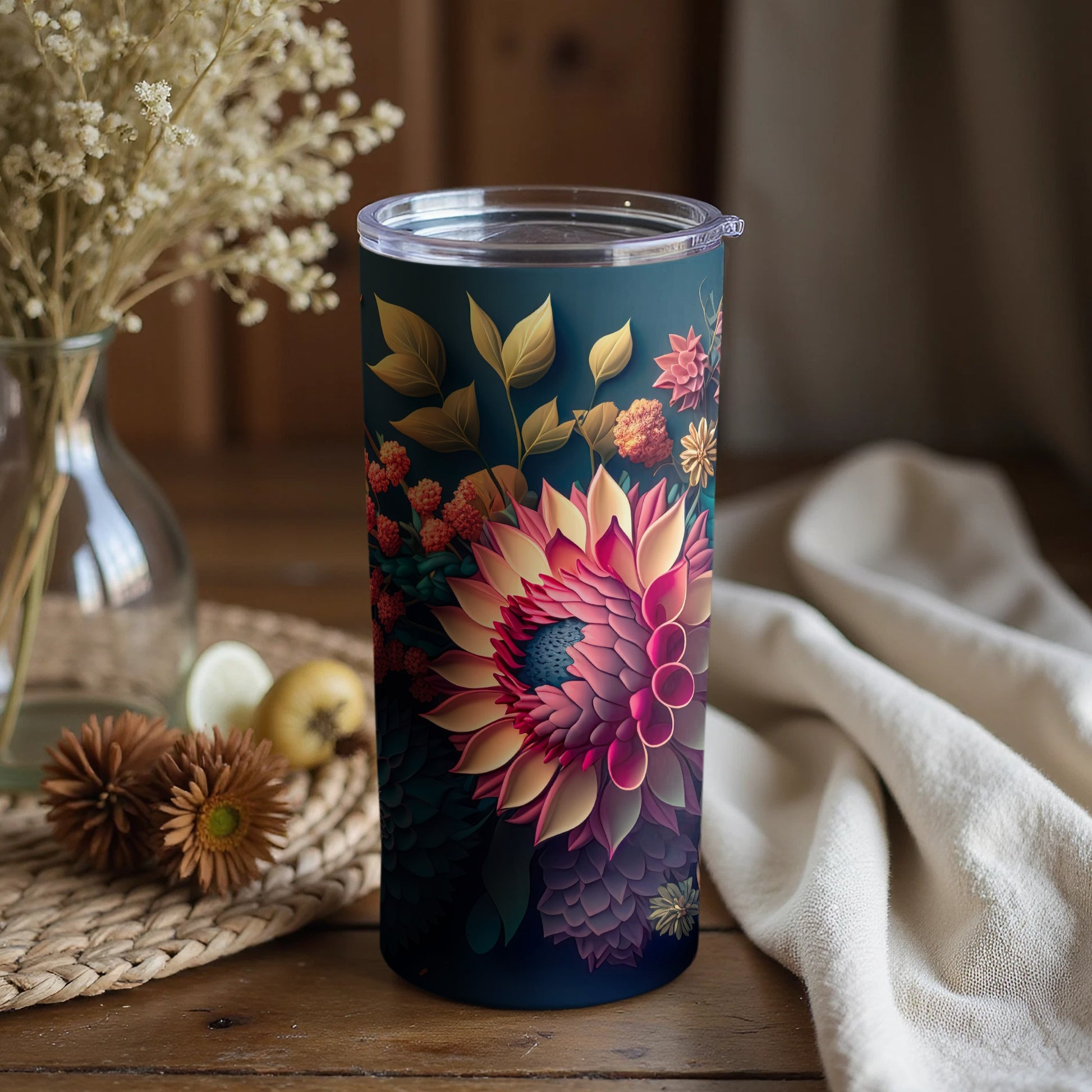 Colorful Floral Design Insulated Tumbler with Lid