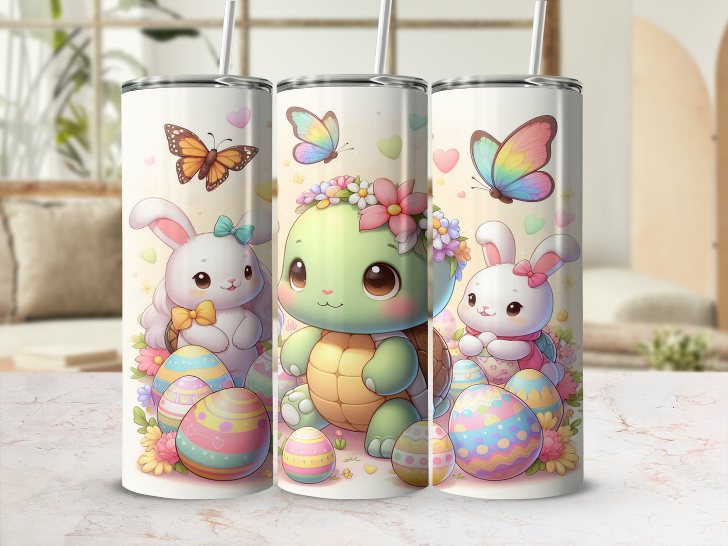Easter bunny and turtle with colorful eggs and butterflies.