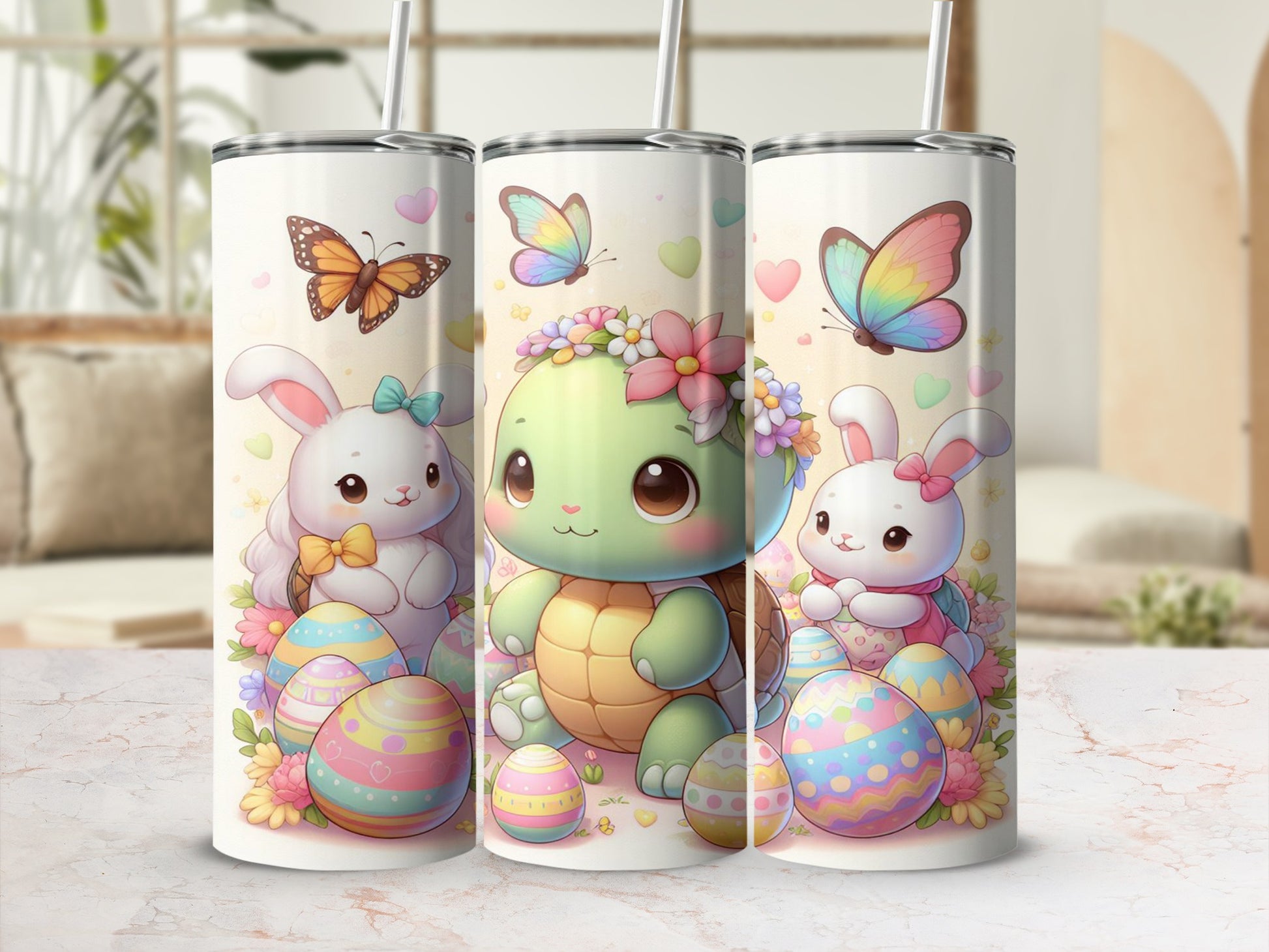 Easter bunny and turtle with colorful eggs and butterflies.