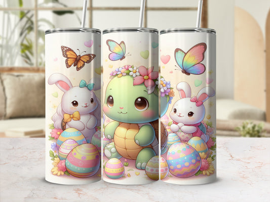 Easter bunny and turtle with colorful eggs and butterflies.