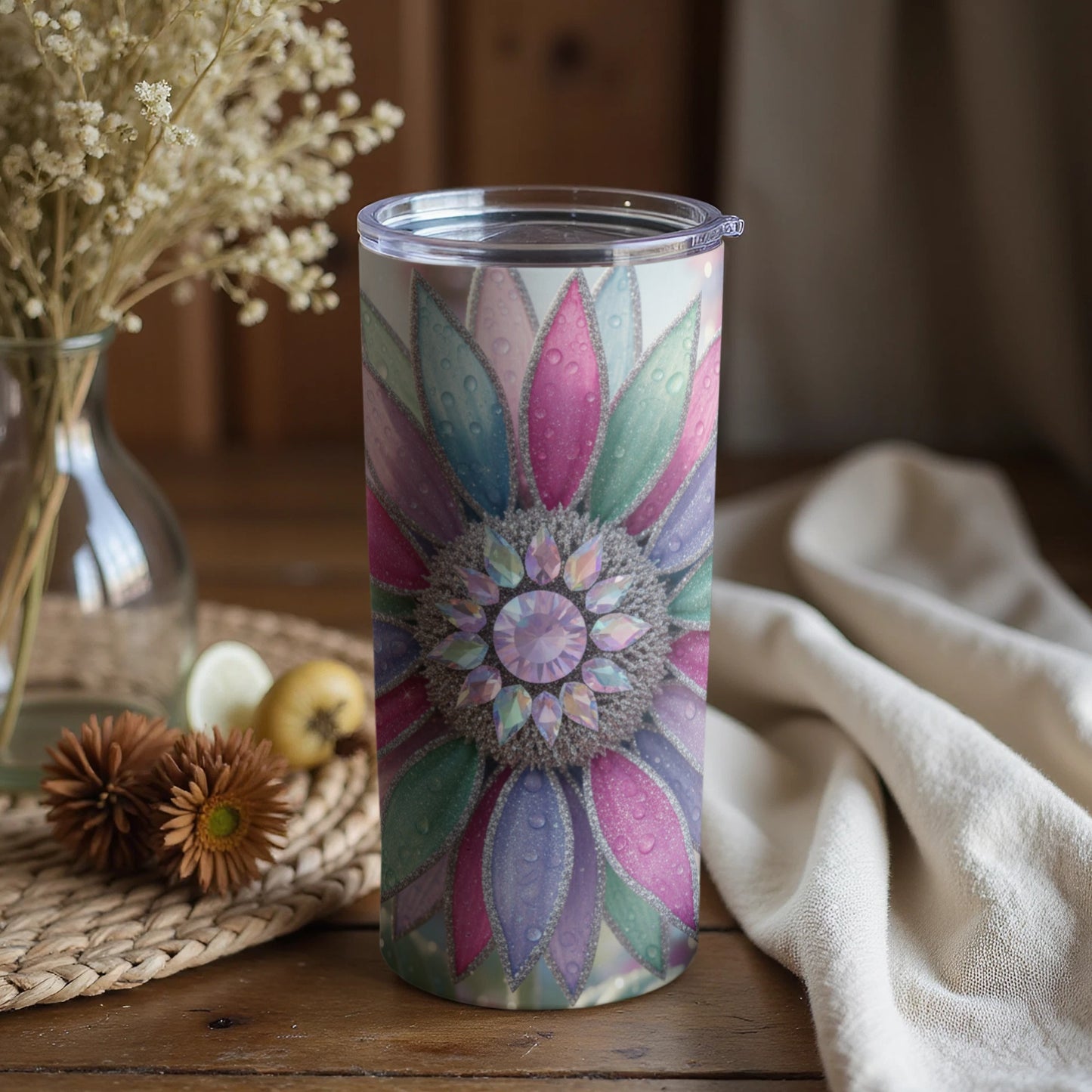 Colorful Flower Pattern Tumbler with Lid