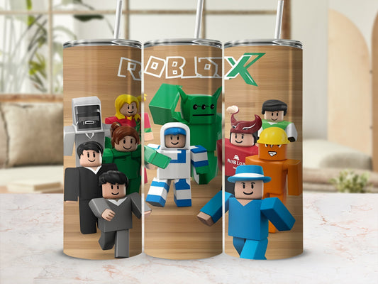 Roblox characters on a wooden background.