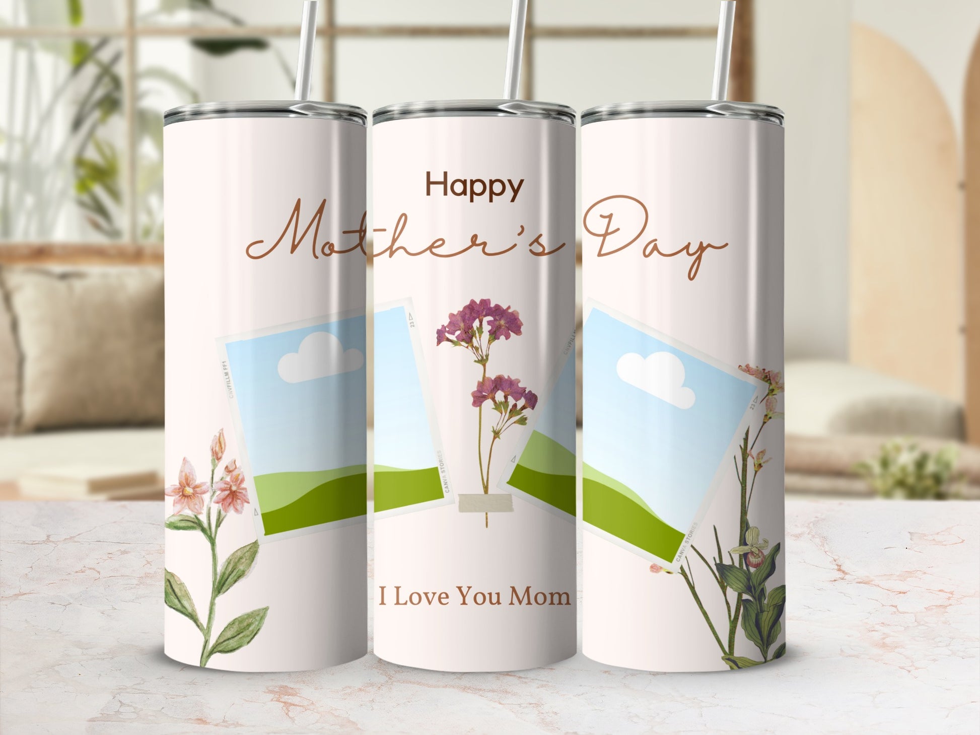 Tumbler with "Happy Mother's Day I Love You Mom" text and floral designs.