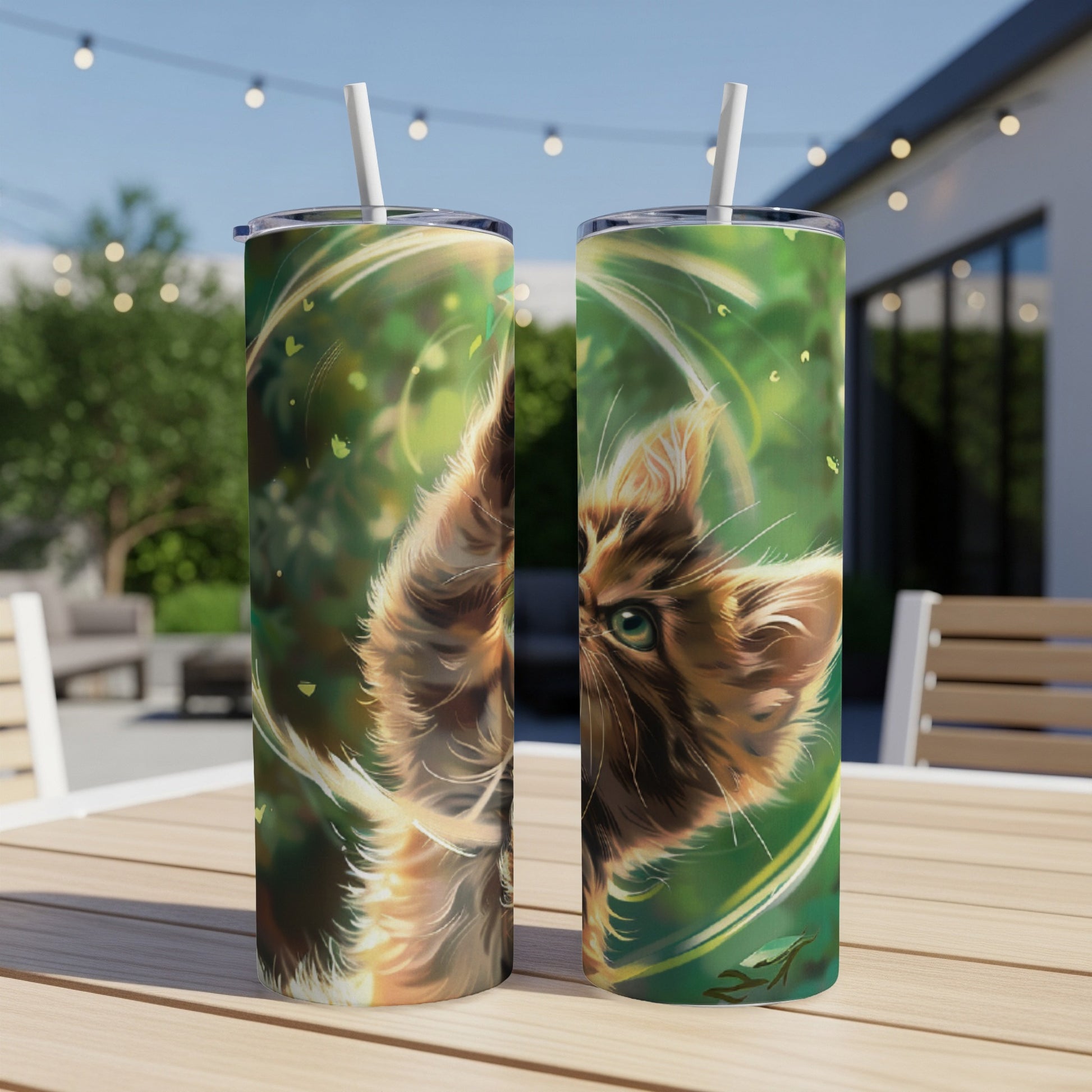 Close-up illustration of a fluffy brown cat with green eyes on a tumbler.