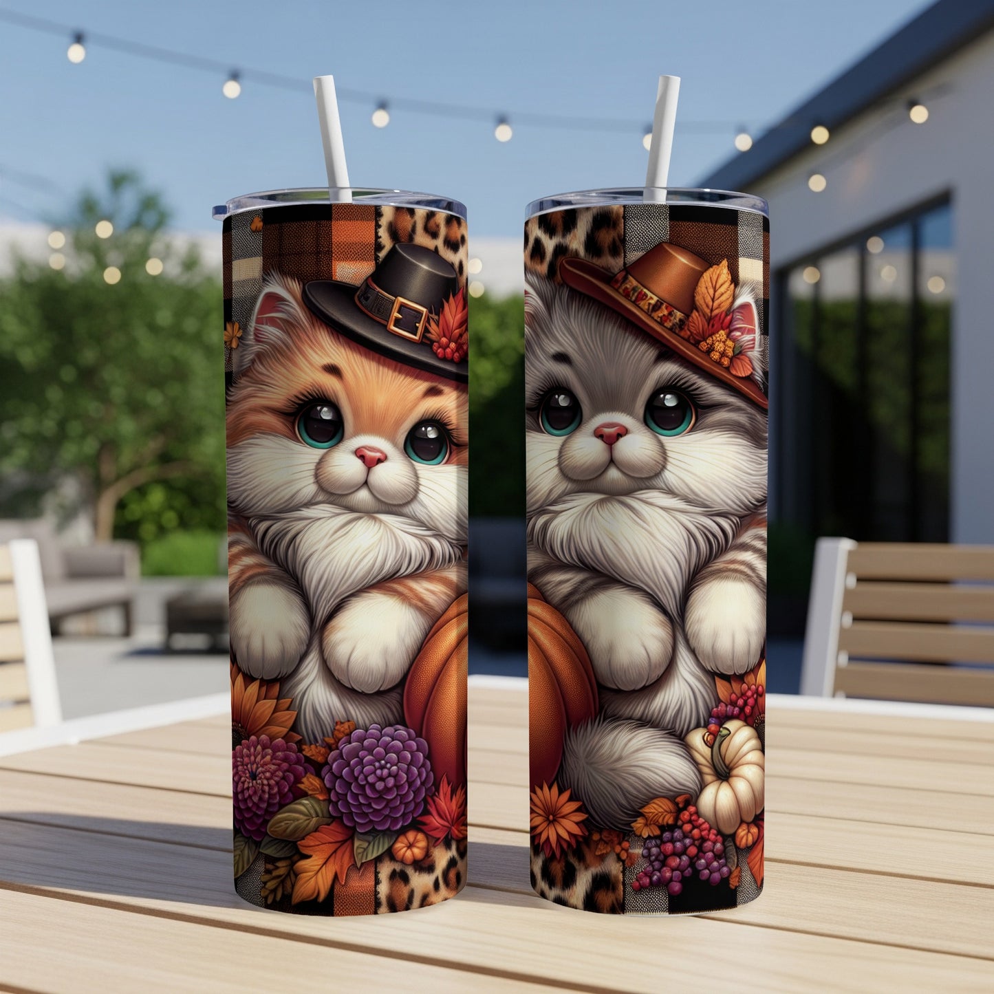 Two cute cartoon cats in autumn hats with pumpkins and leaves.