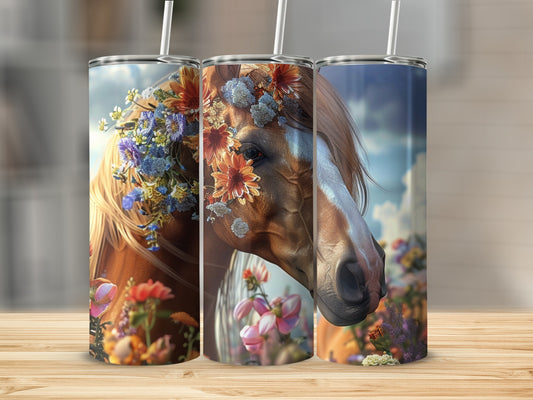 Horse with floral headdress on a tumbler.