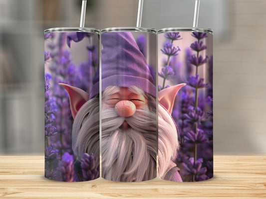 Gnome with grey beard and purple hat on lavender background.