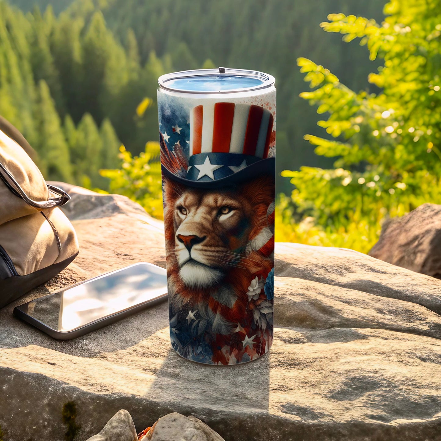 Tumbler featuring a lion wearing a patriotic Uncle Sam hat and American flag motif.