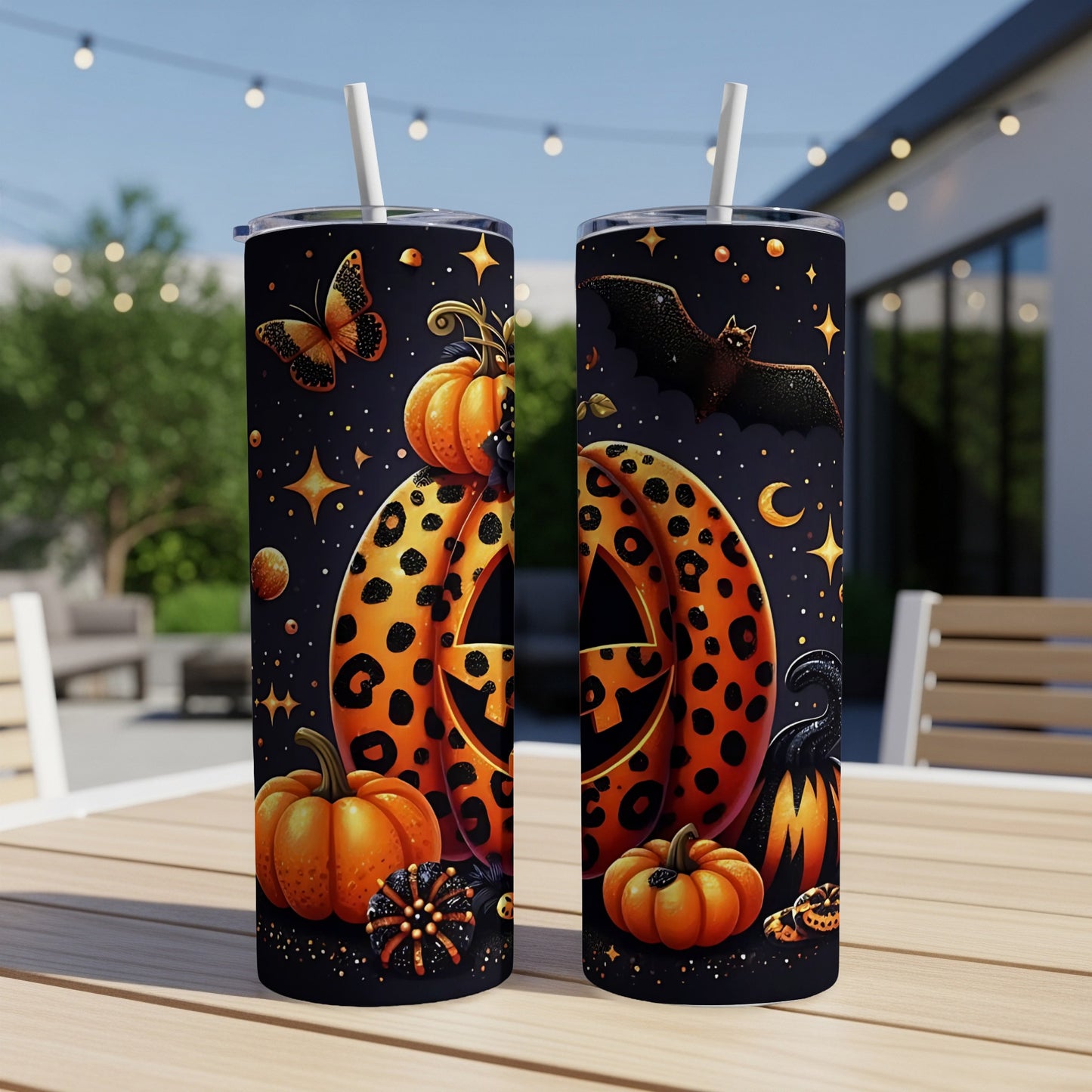 Two Halloween themed tumblers with pumpkins, bats, and butterflies on a dark background.