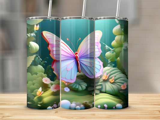 Pink and blue butterfly on a whimsical background with green foliage.