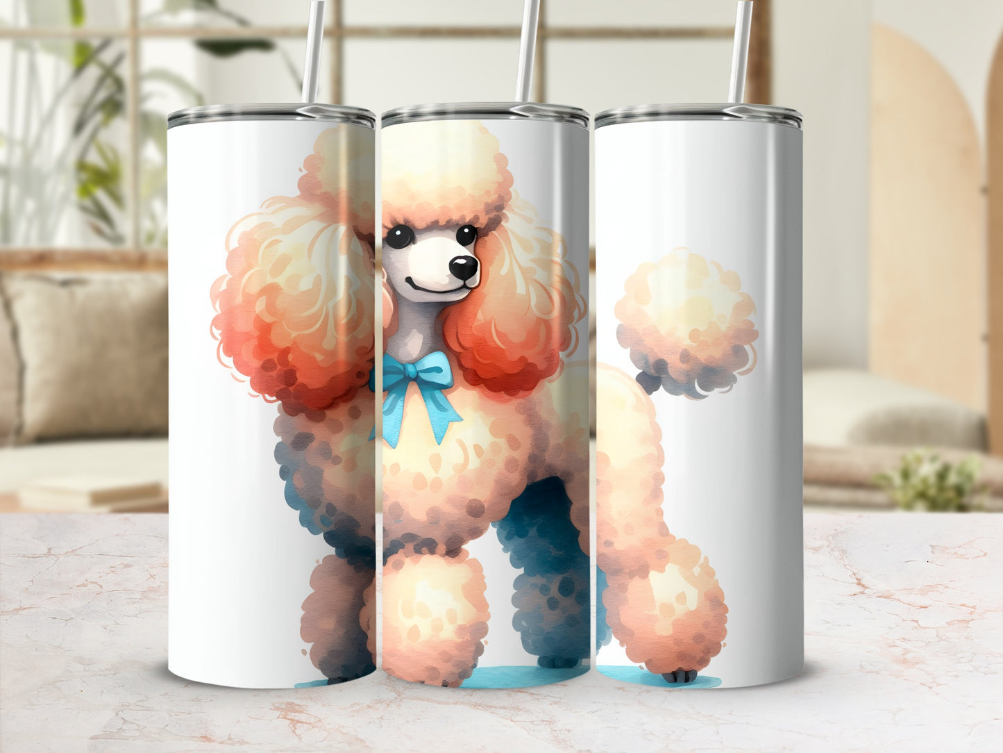 Three tumblers featuring a cartoon poodle wearing a blue bow.