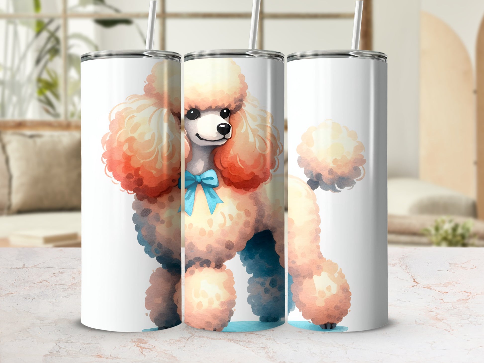 Three tumblers featuring a cartoon poodle wearing a blue bow.