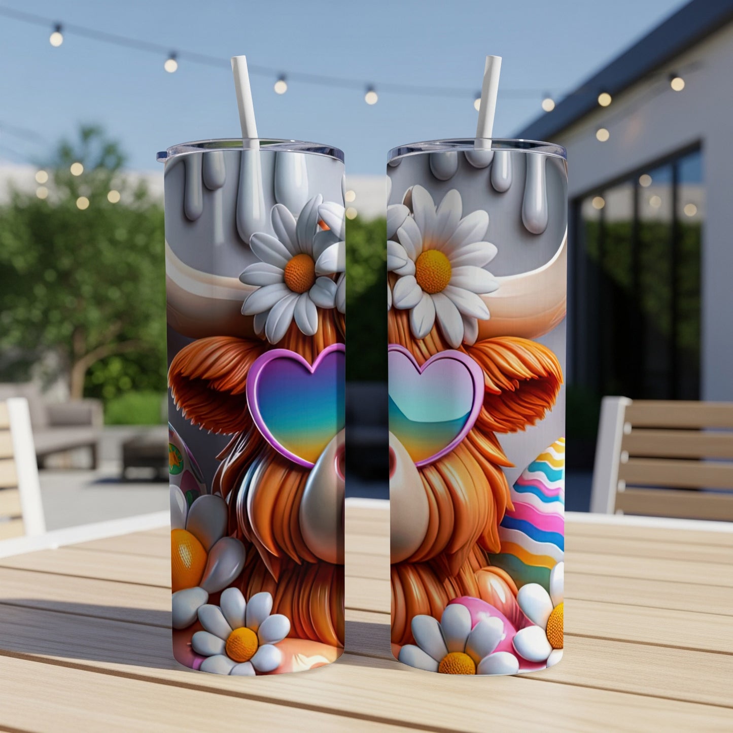 Two tumblers with a cartoon cow wearing heart sunglasses and Easter eggs.