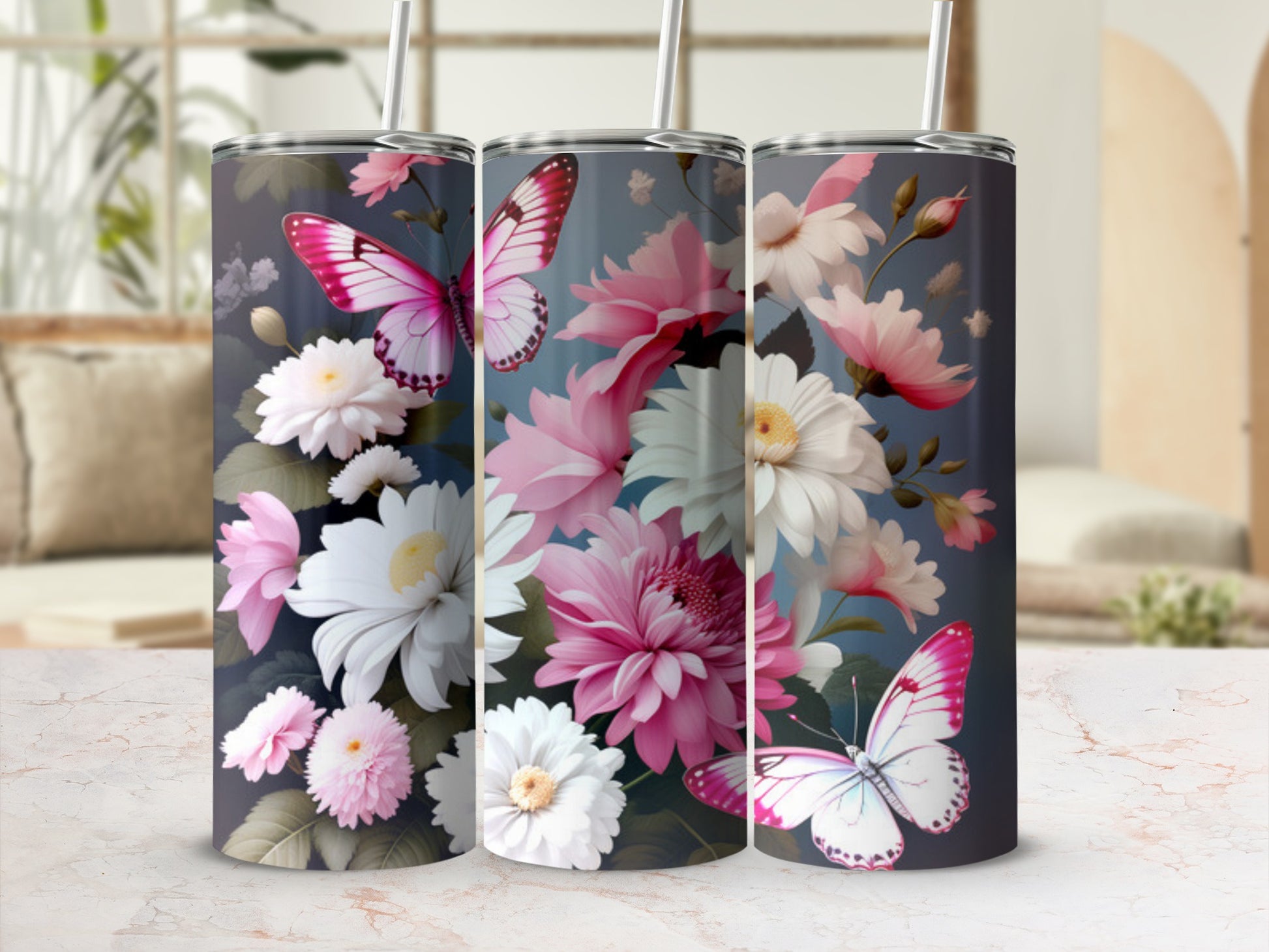 Pink and white floral pattern with two butterflies on a tumbler.