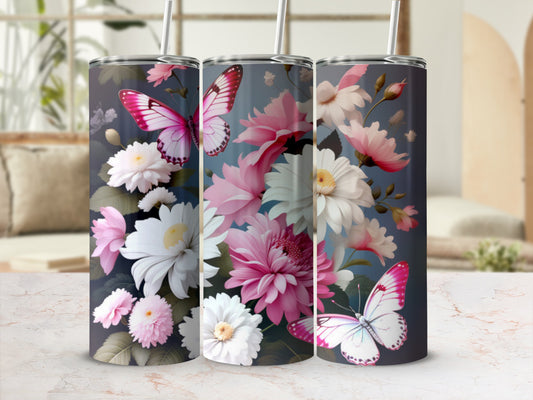 Pink and white floral pattern with two butterflies on a tumbler.