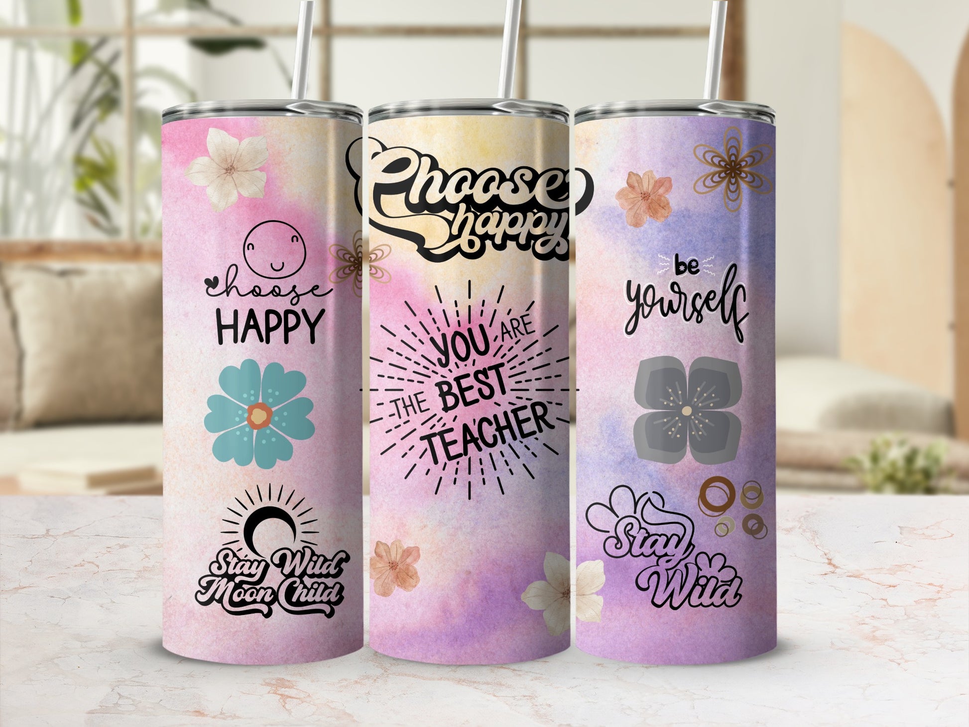 Inspirational Quotes and Floral Artwork Tumbler Cups
