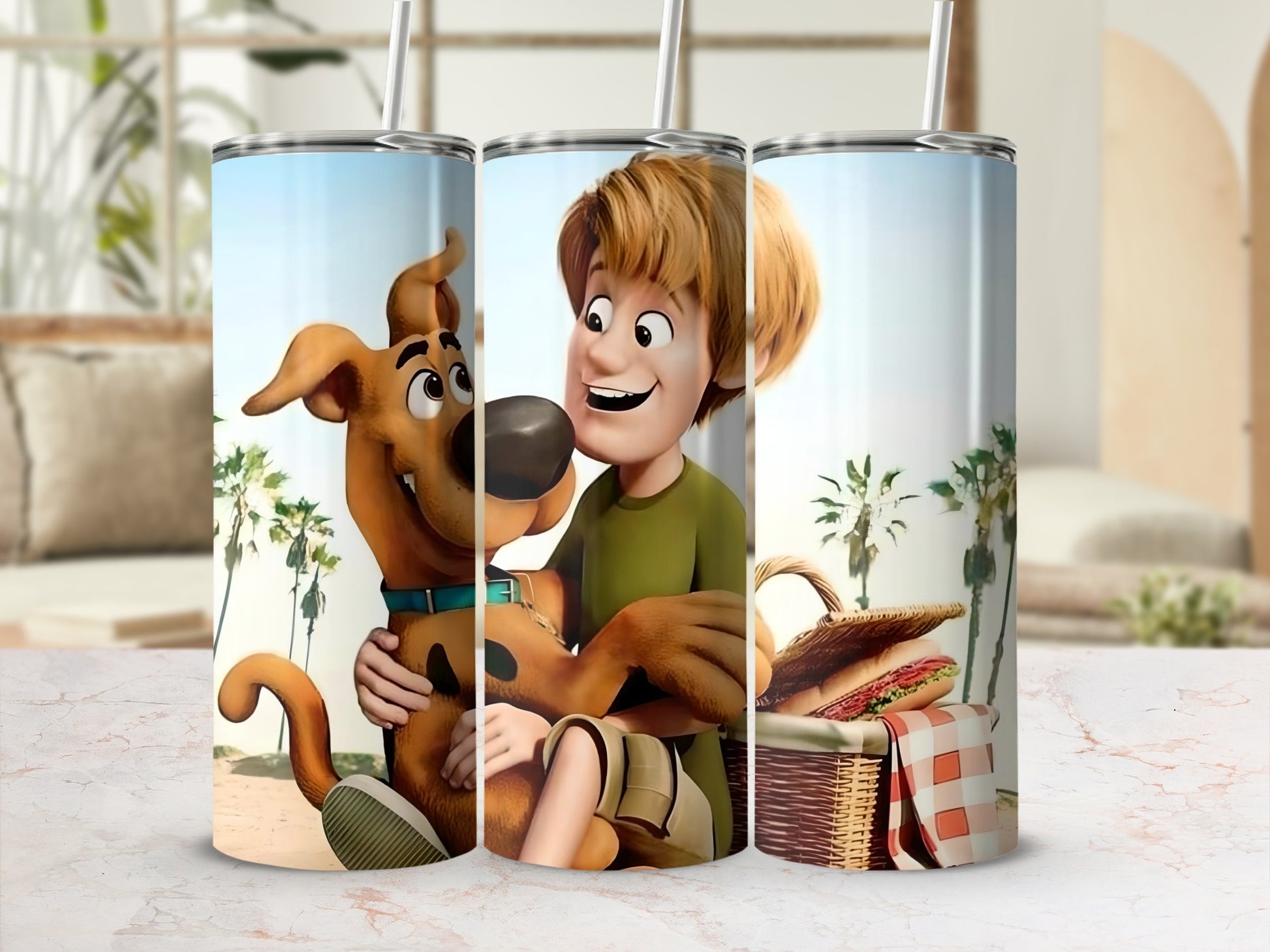 Scooby-Doo and Shaggy sharing a picnic with a basket of food.