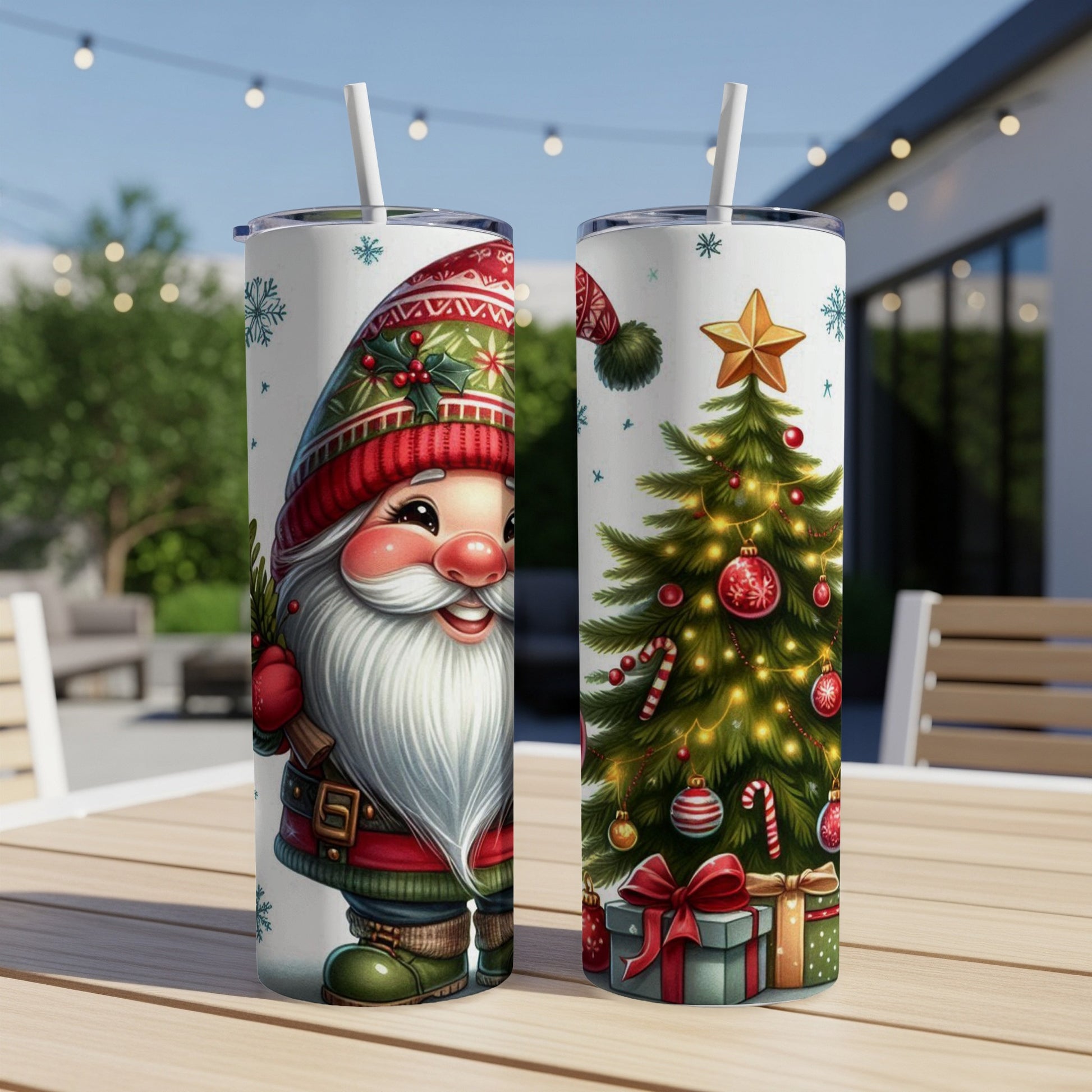 Two tumblers, one with Santa, the other with a Christmas tree and gifts.