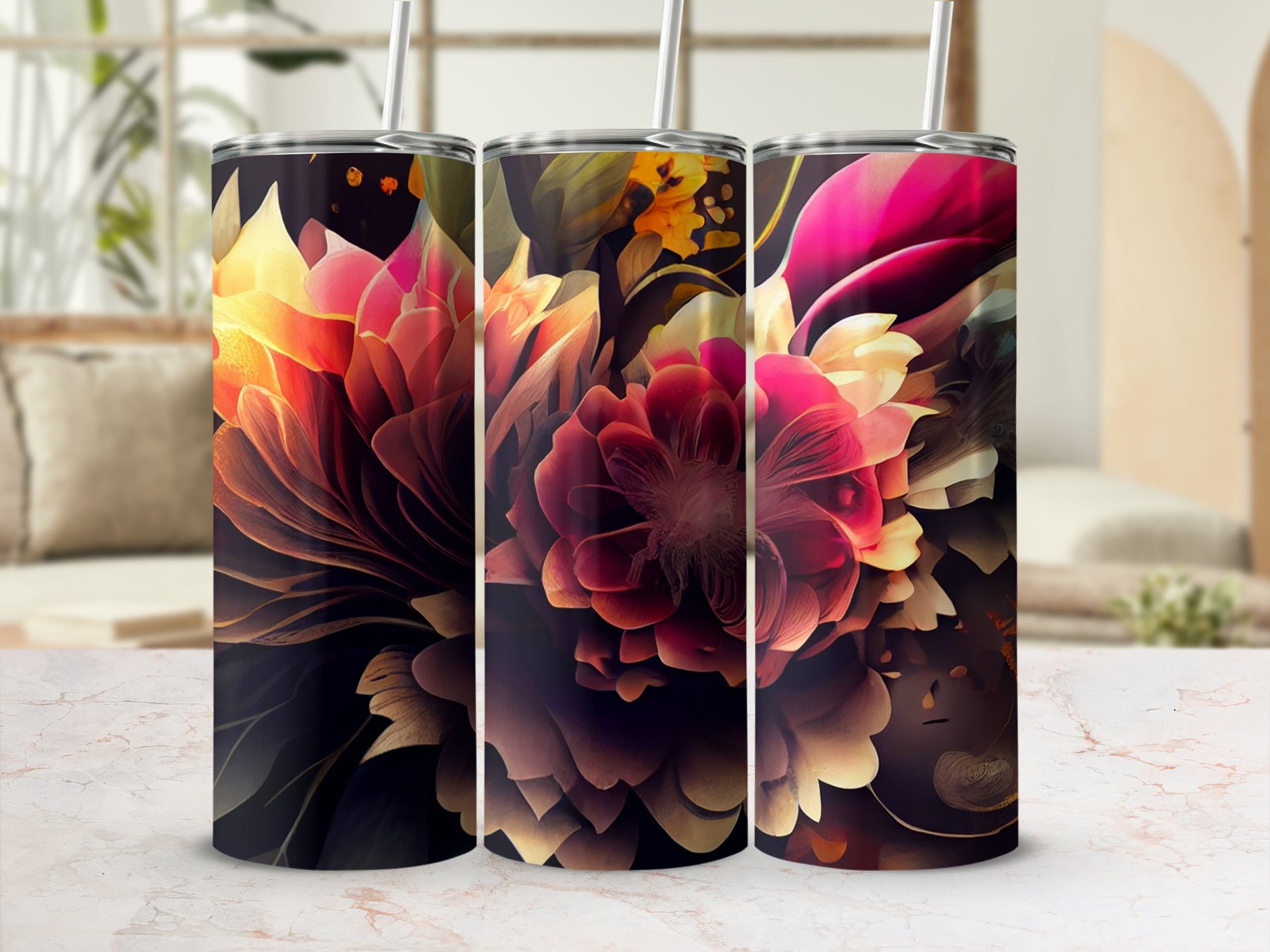 Abstract Floral Art Insulated Tumbler Mug for Drinks