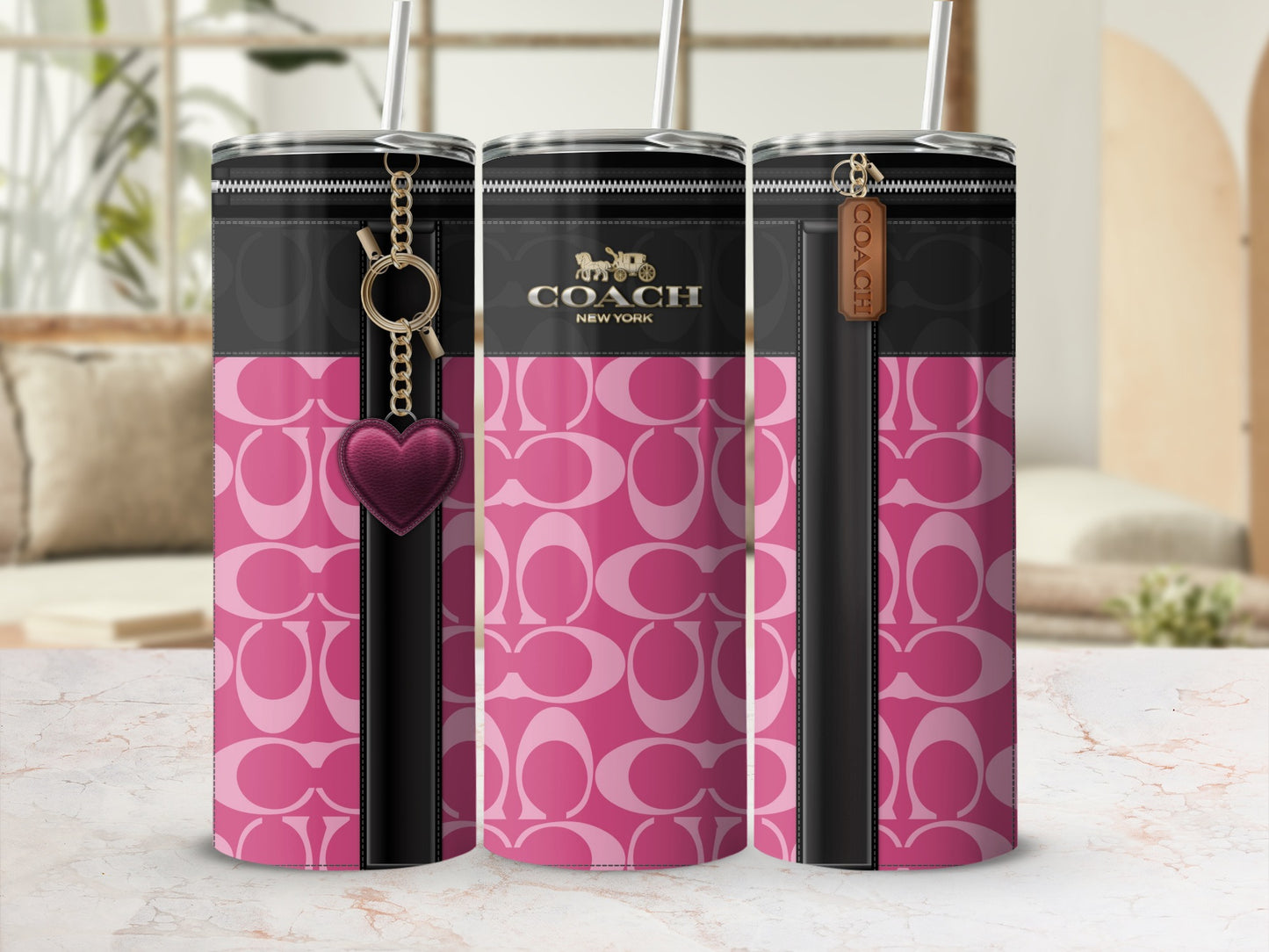 Stylish Pink and Black Insulated Tumbler with Heart Charm