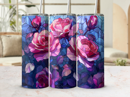 Three tumblers with a stained-glass rose design.