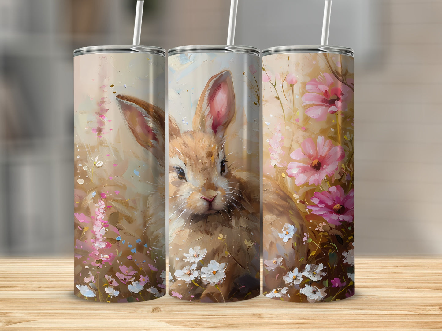Triptych of a painted bunny surrounded by pink and white flowers.