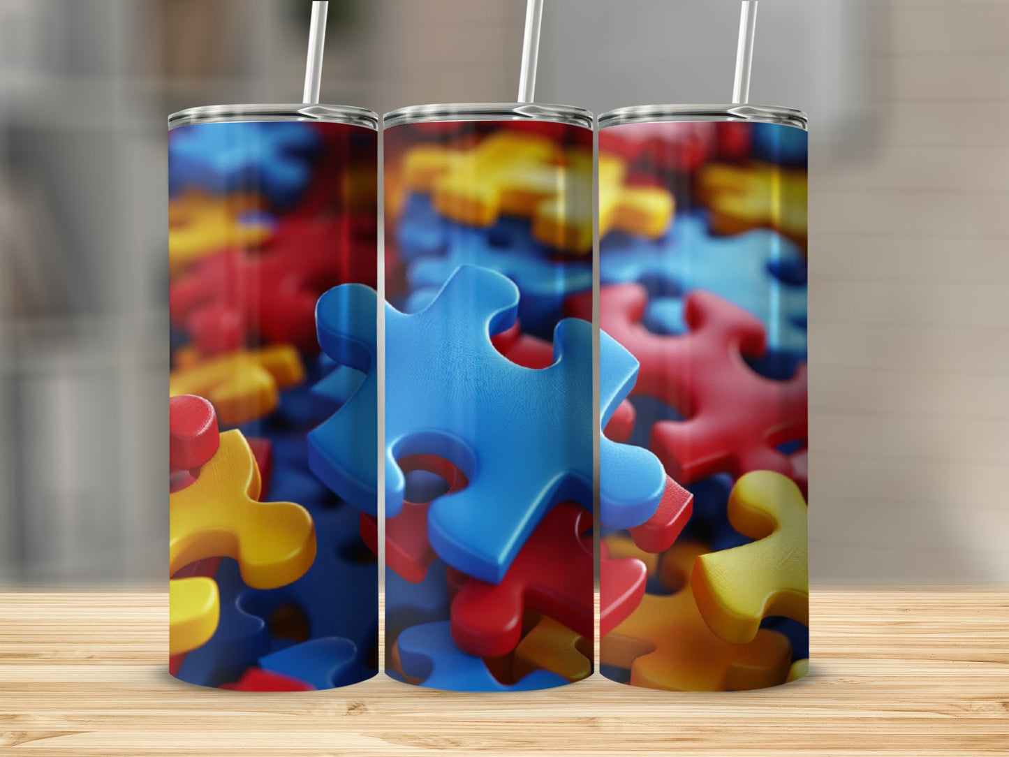 Three tumblers with a blurred puzzle piece background.