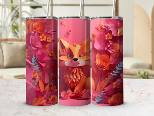 Pink tumbler with fox and floral design.