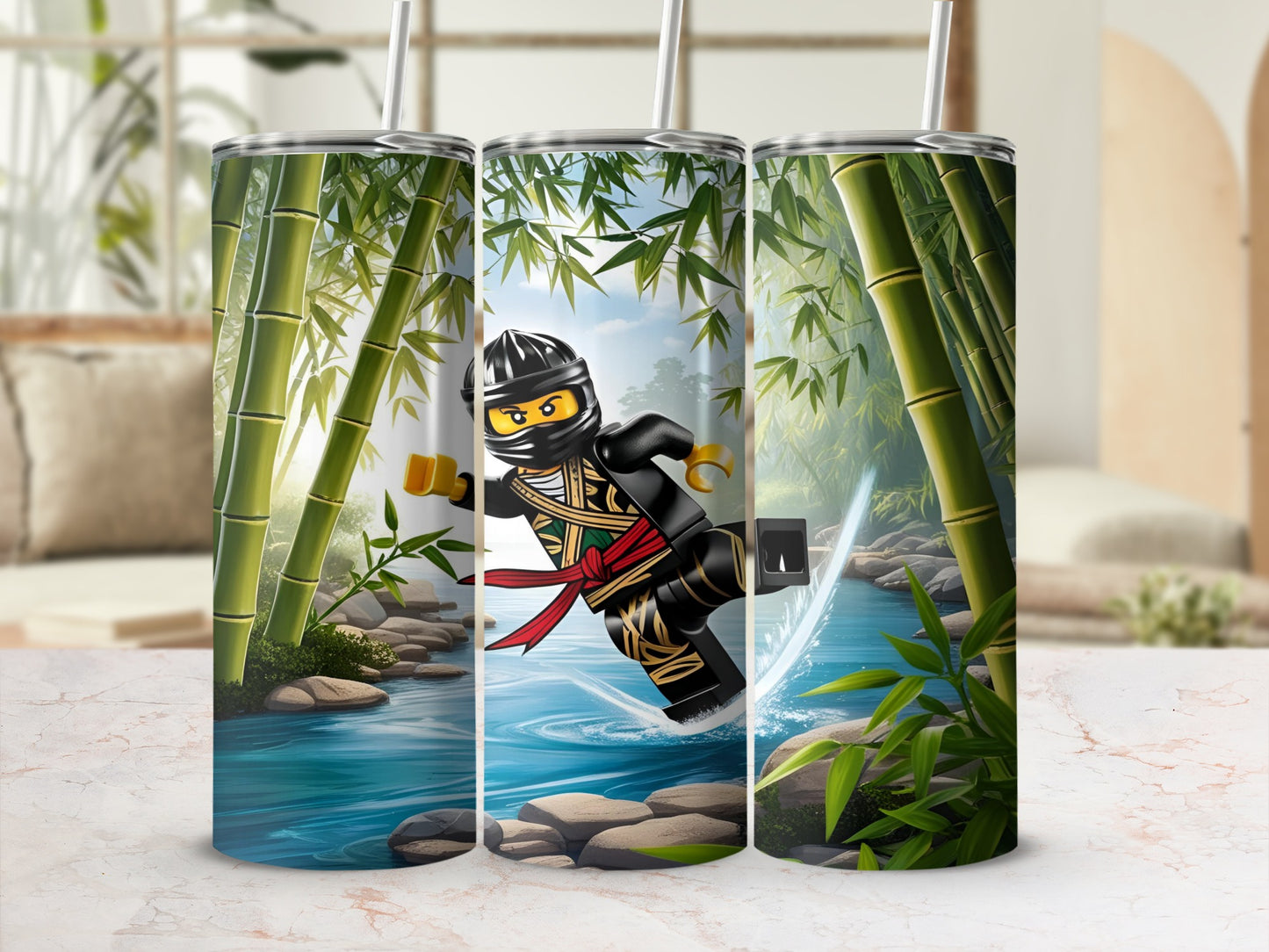 Lego Ninja Kai in dynamic pose with bamboo forest and flowing water design.