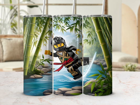 Lego Ninja Kai in dynamic pose with bamboo forest and flowing water design.