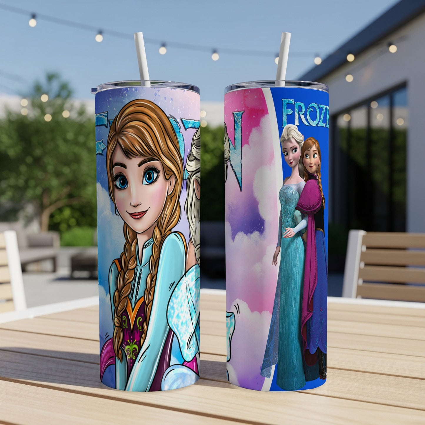 Two tumblers featuring Elsa and Anna from Disney's Frozen.