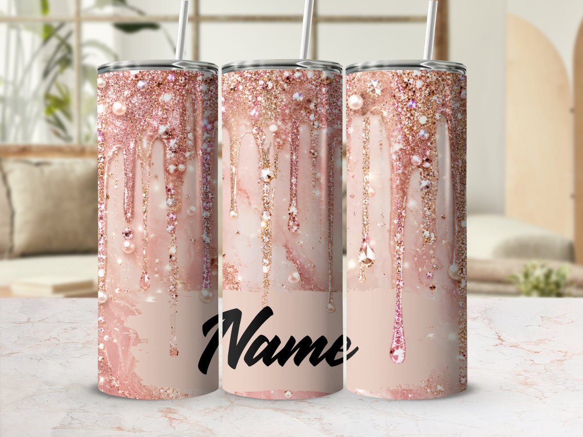 Three tumblers with a rose gold glitter drip design and the word "Name"