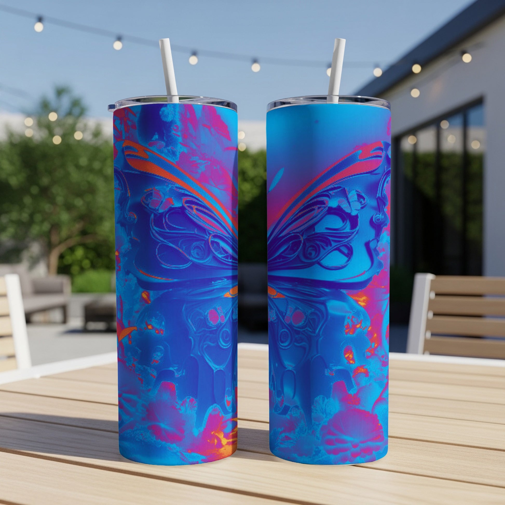 Two skinny tumblers with a vibrant blue, pink, and orange abstract butterfly wing design.