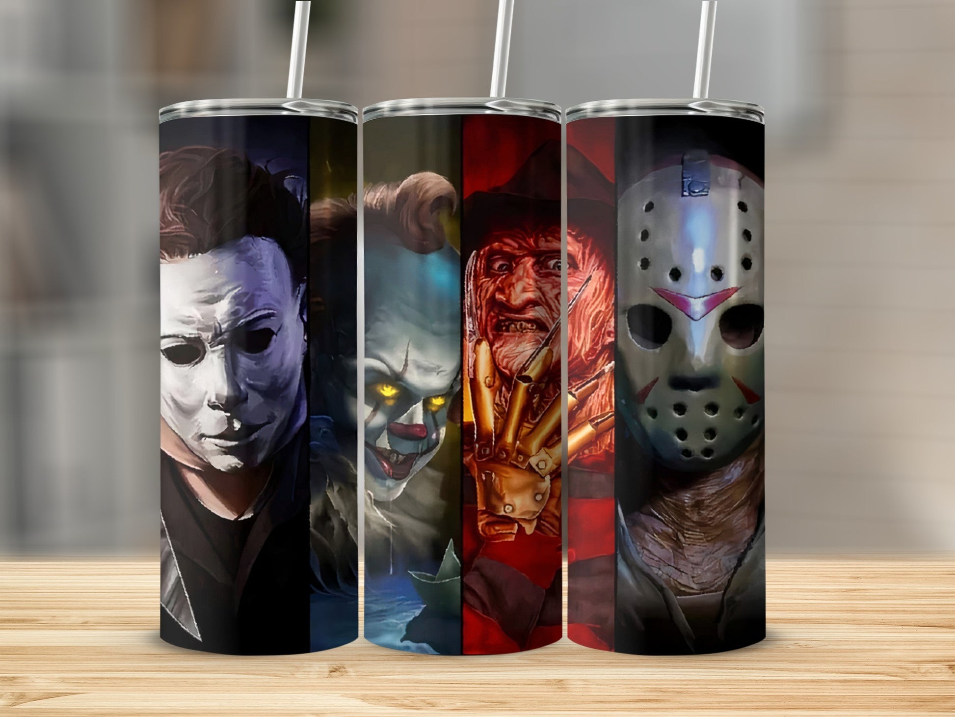 Tumblers featuring Michael Myers, Pennywise, Freddy Krueger, and Jason Voorhees.