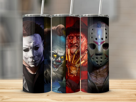 Tumblers featuring Michael Myers, Pennywise, Freddy Krueger, and Jason Voorhees.