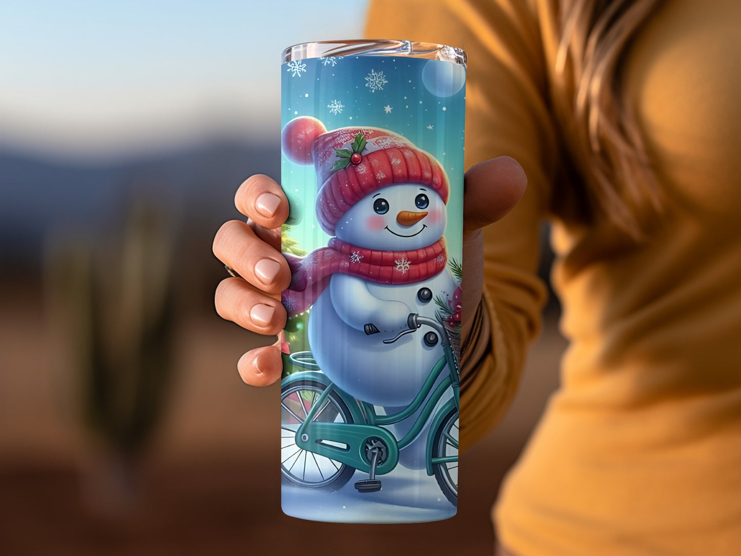 Festive Snowman Tumbler with Bicycle Design for Holiday Cheer