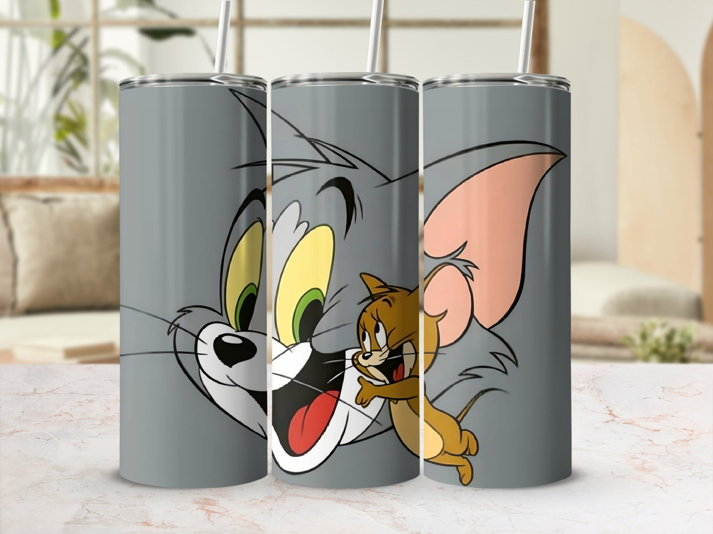Tom and Jerry Grey Tumbler with Metal Straw