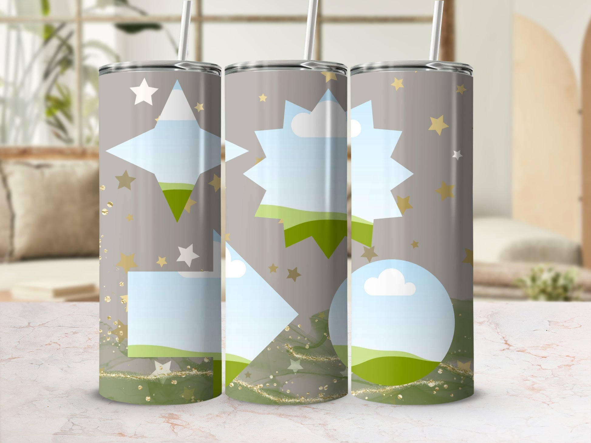 Three tumblers with starry sky and landscape design, featuring cutout frames.