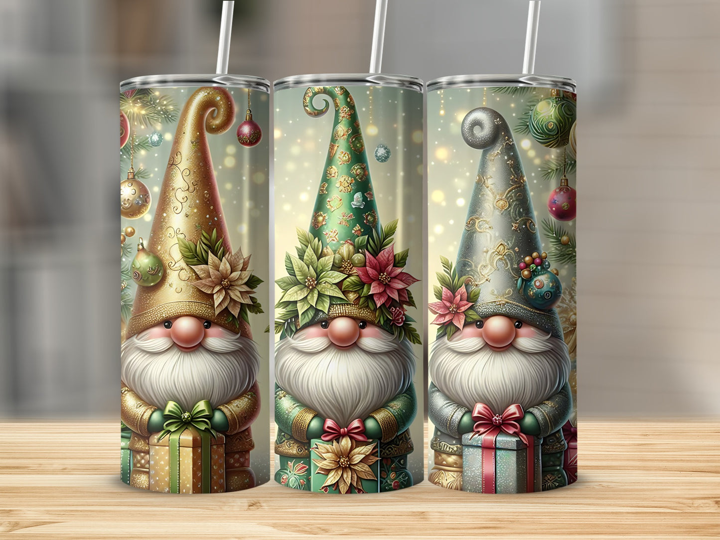Three Christmas gnomes wearing festive hats and holding gifts.